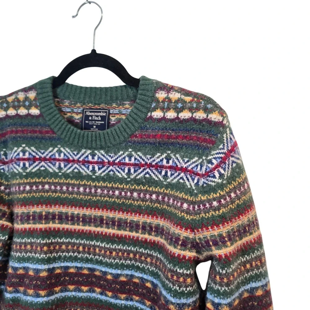 Abercrombie & Fitch Sweater Mens Medium Green Fair Isle Merino Wool Blend VTG